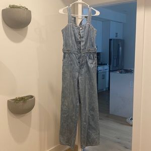 Free People Printed Denim Overalls